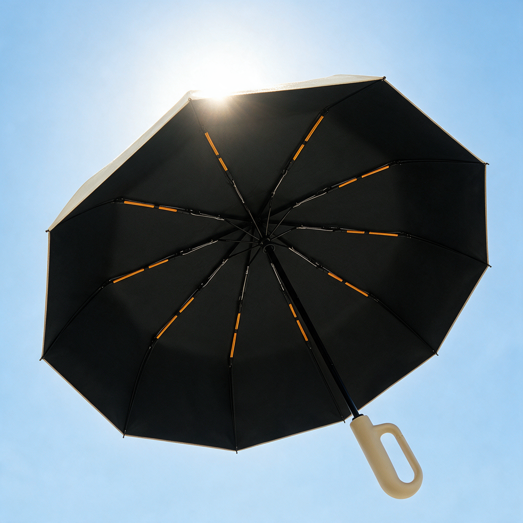 Looking up at the black UV-coated inside of an open umbrella against a sunny sky