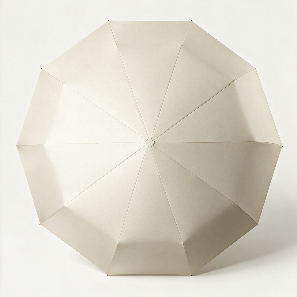 Open Ombriel Loop umbrella in beige seen from the front, ten panels around the centre cap