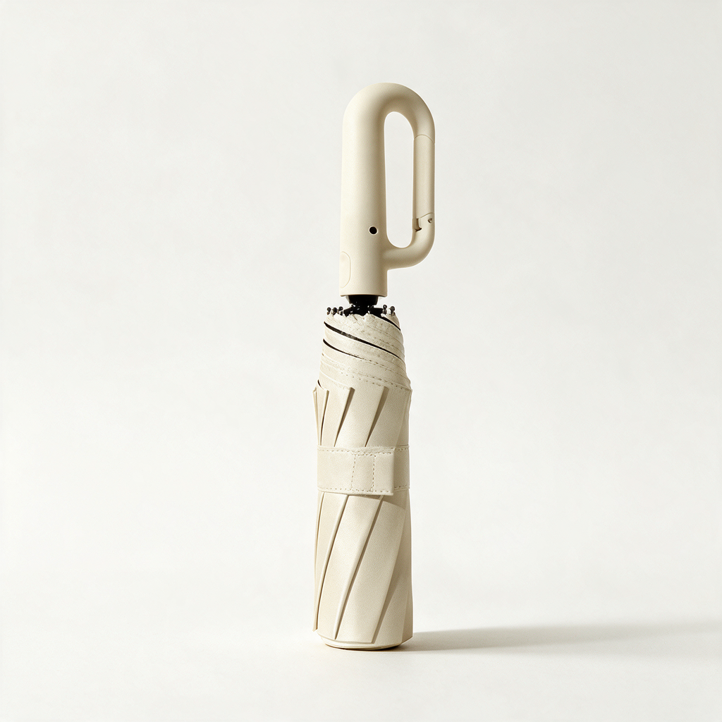 Ombriel Loop umbrella in beige, folded with its strap, standing upright with the ring handle at the top
