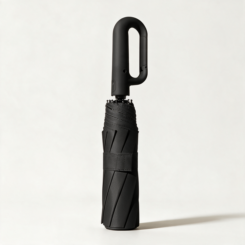 Ombriel Loop umbrella in black, folded with its strap, standing upright with the ring handle at the top