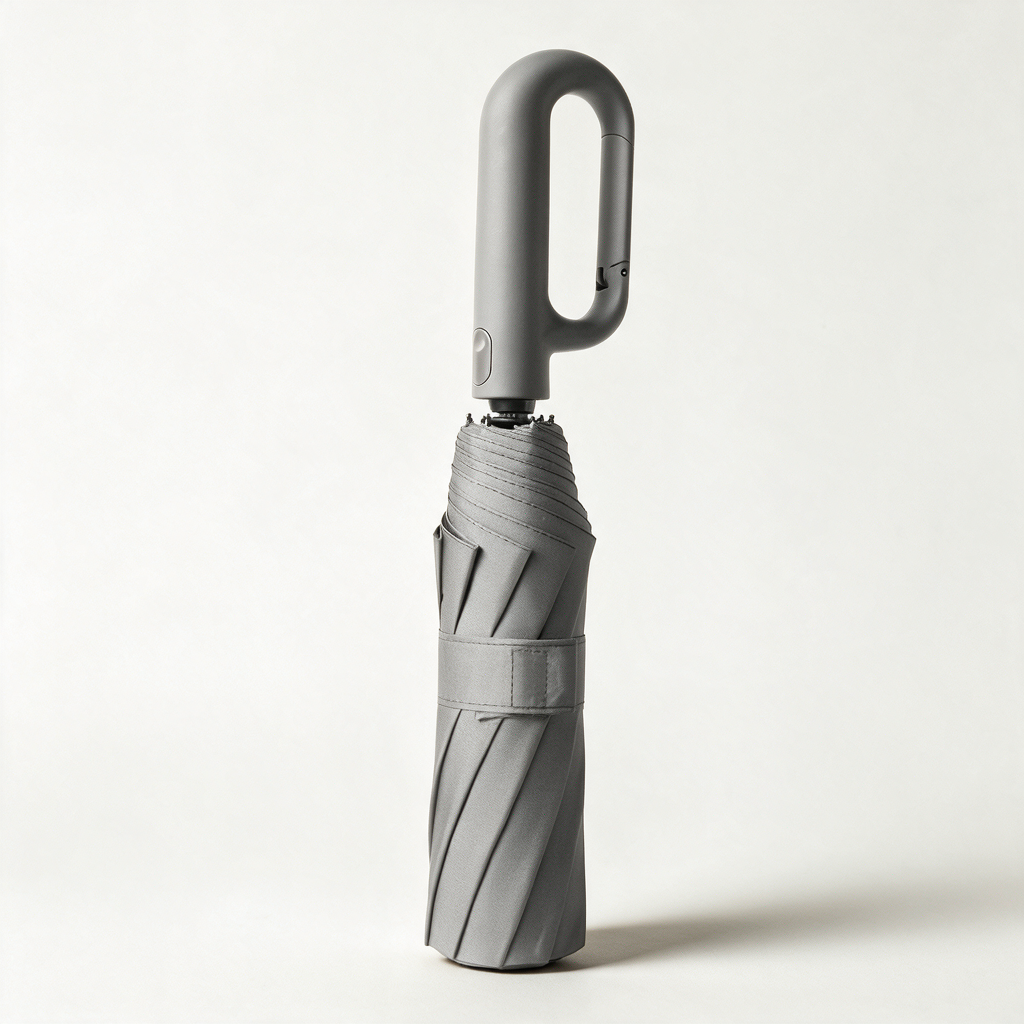 Ombriel Loop umbrella in grey, folded with its strap, standing upright