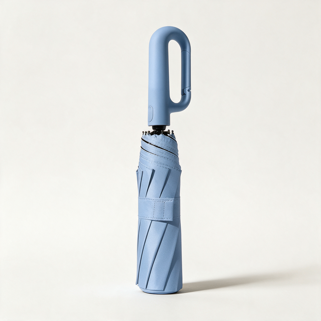 Ombriel Loop umbrella in sky blue, folded with its strap, standing upright