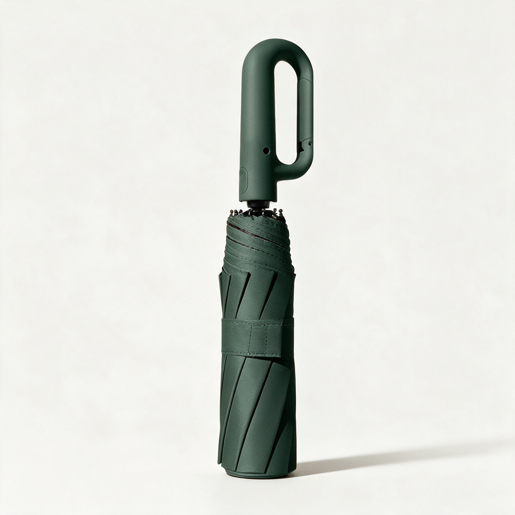 Ombriel Loop umbrella in forest green, folded with its strap, standing upright