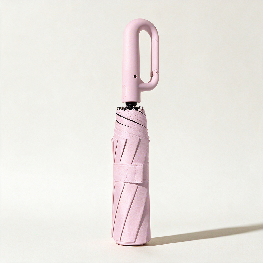 Ombriel Loop umbrella in pink, folded with its strap, standing upright