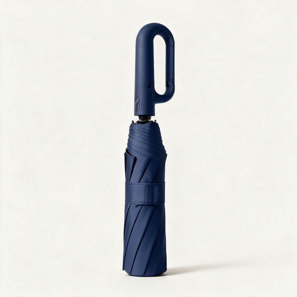 Ombriel Loop umbrella in navy, folded with its strap, standing upright