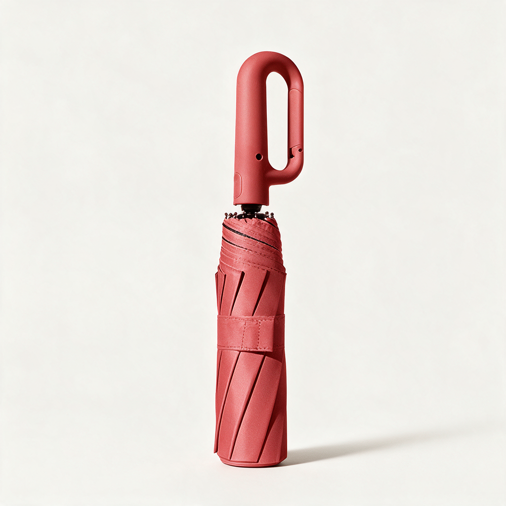 Ombriel Loop umbrella in burgundy, folded with its strap, standing upright