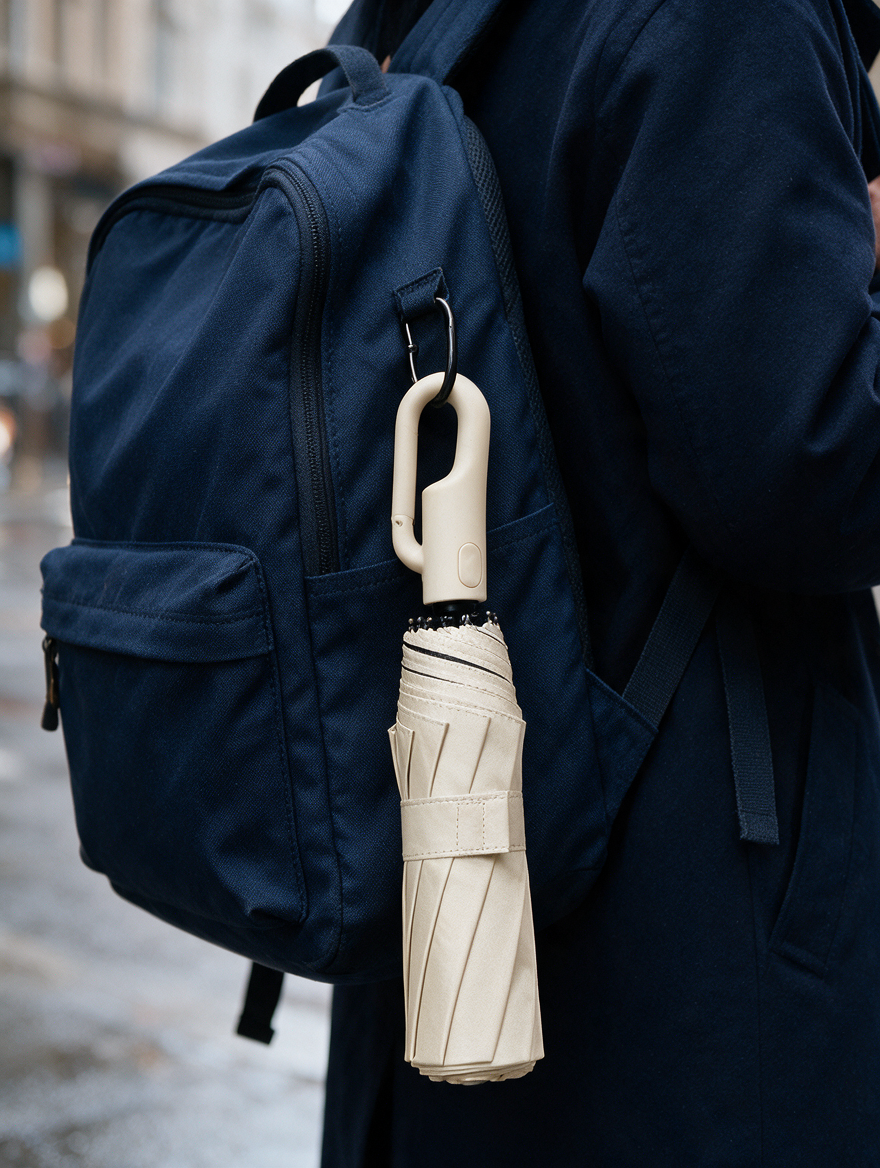 Ombriel Loop umbrella in beige clipped by its ring handle to the hook loop on the side of a navy backpack