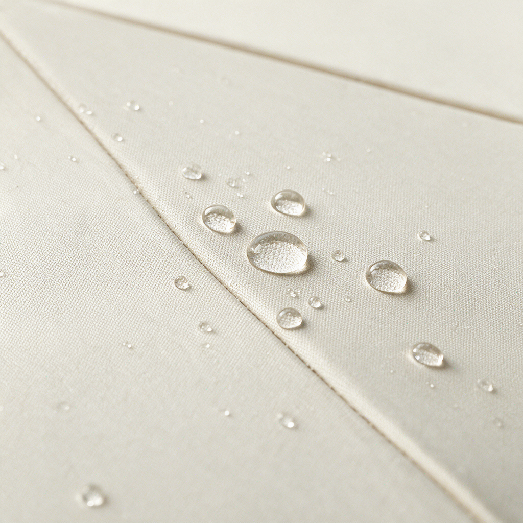 Water beading on the beige canopy of the Ombriel Loop umbrella