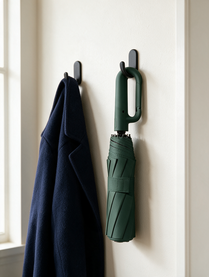Ombriel Loop umbrella in forest green hanging by its ring handle from a wall hook next to a navy coat