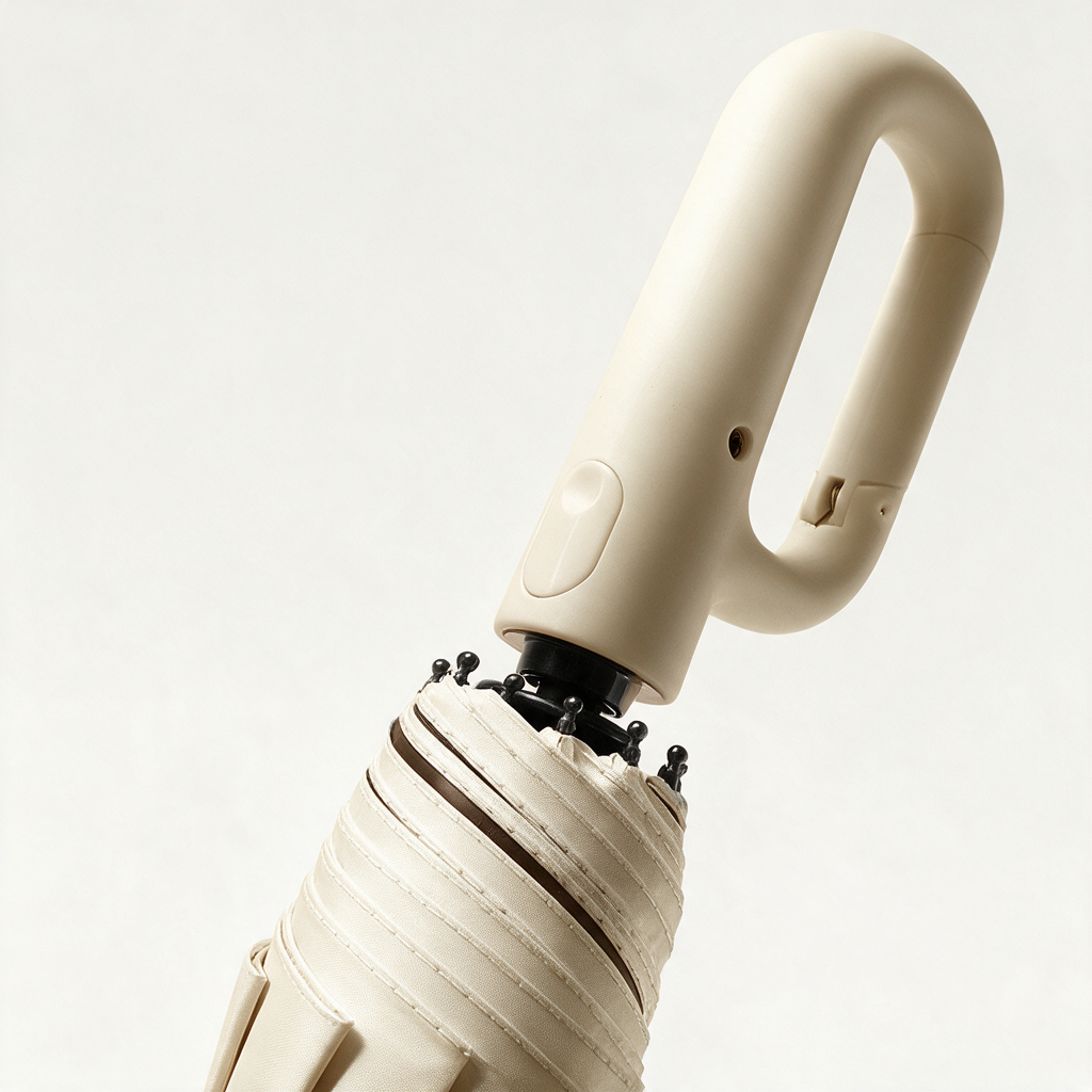 Close-up of the Ombriel Loop ring handle in beige with the gate closed and the open-close button