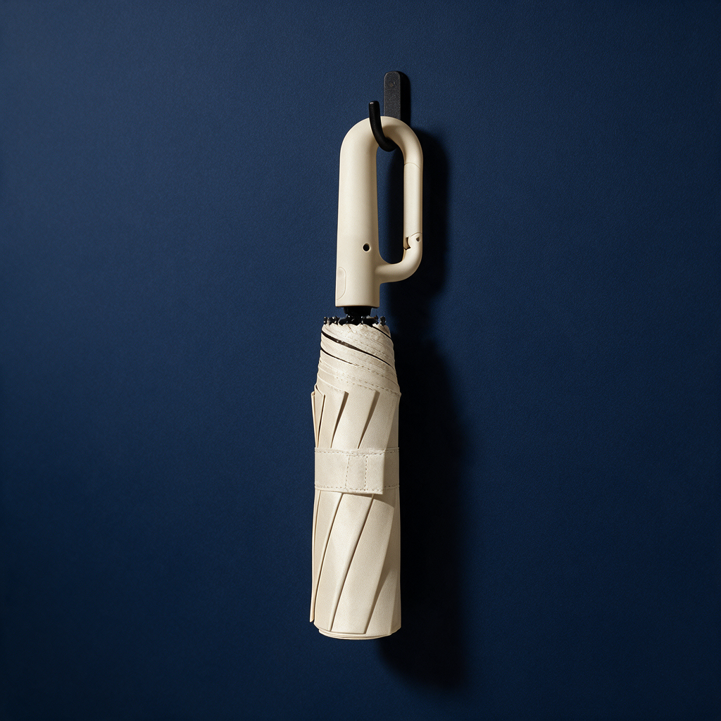 Ombriel Loop umbrella in beige hanging by its ring handle from a black wall hook on a deep navy wall