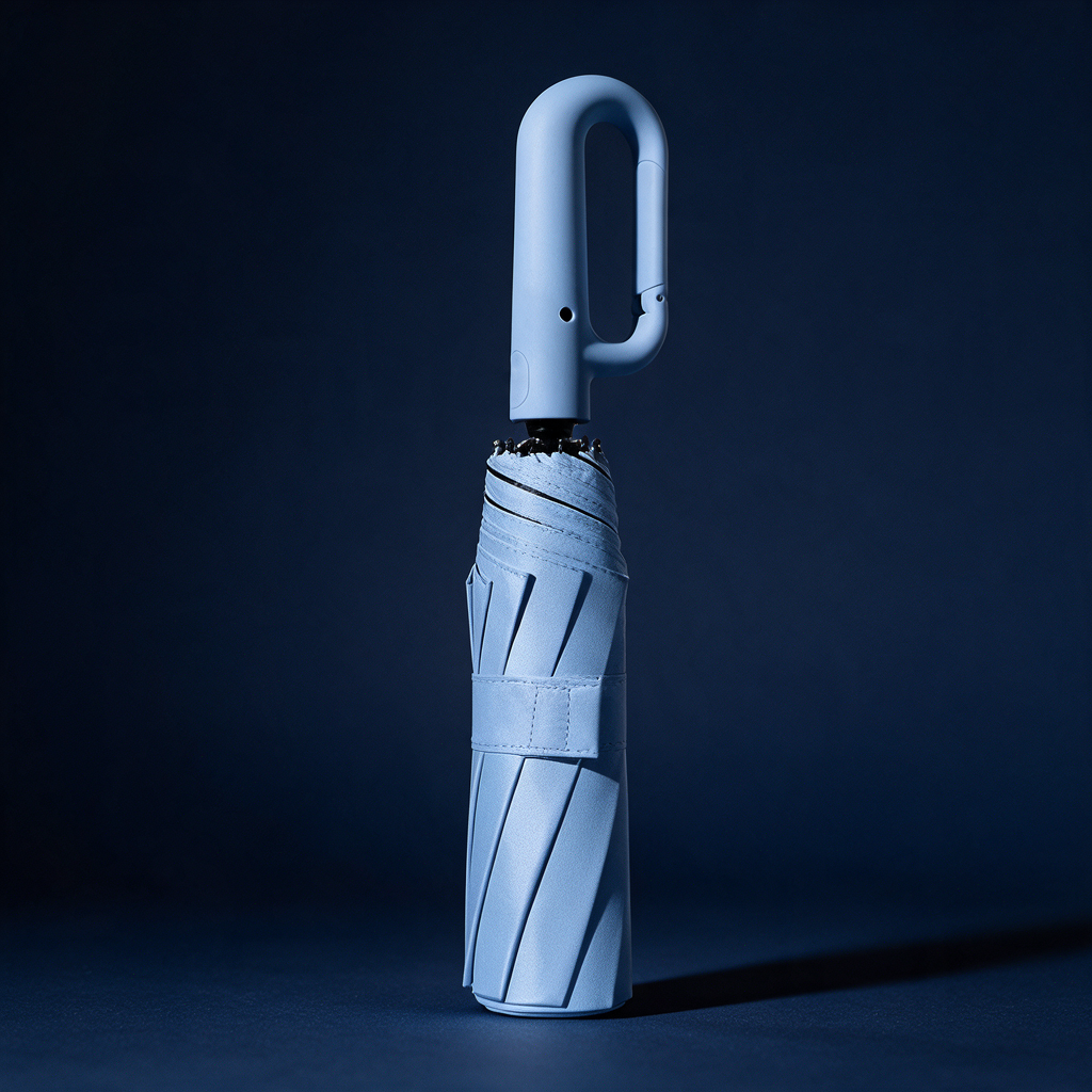 Ombriel Loop umbrella in sky blue standing on a deep navy surface