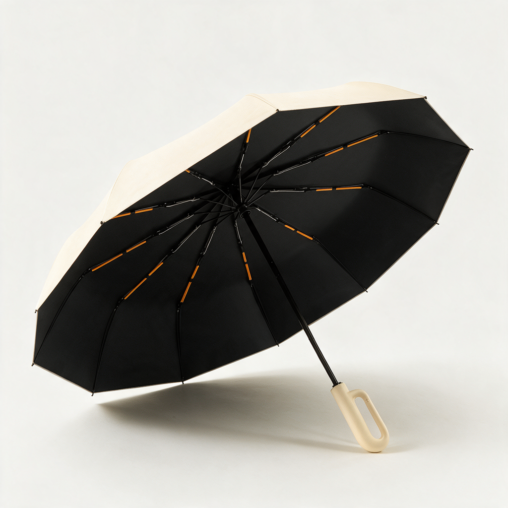 Open Ombriel Loop umbrella in beige tilted to show the black UV-coated inside, ten ribs with orange fibreglass strips and the ring handle