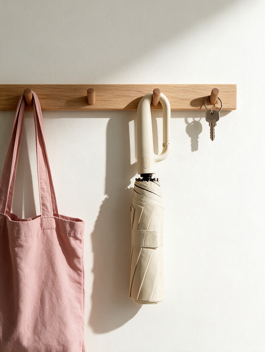 Ombriel Loop umbrella in beige hanging from an oak peg rail beside a pink tote bag and keys